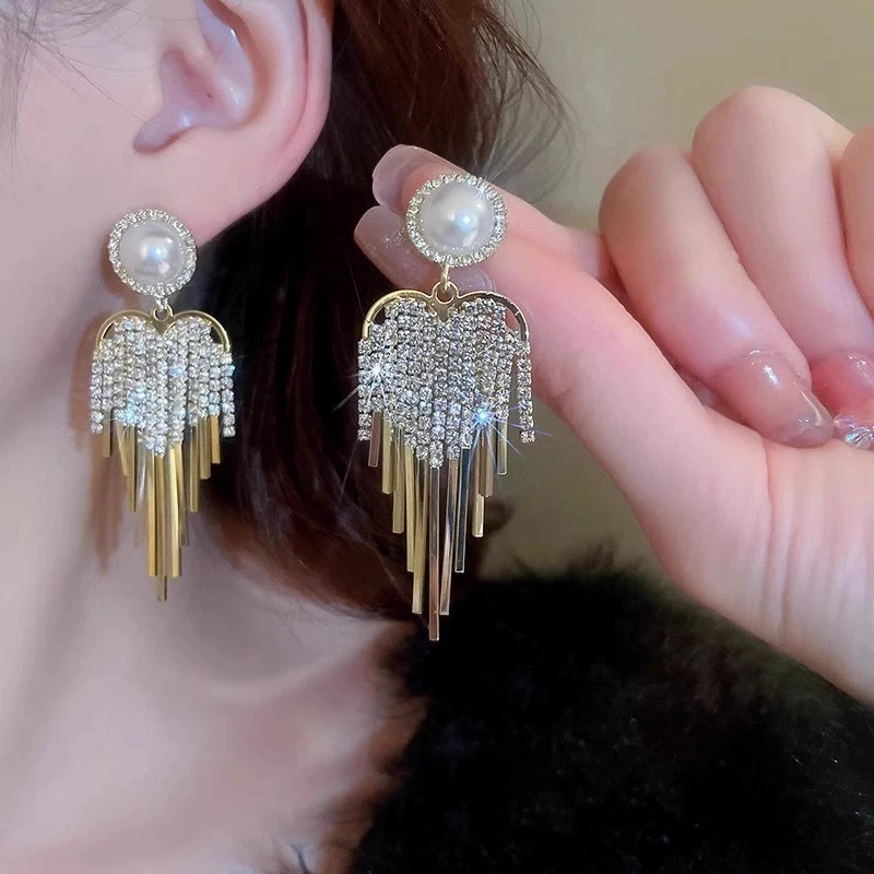 925 Silver Needle Korean Fashion Crystal Heart Tassel Earrings For Women Jewelry 2026 Trending New Luxury Women's Drop Earrings