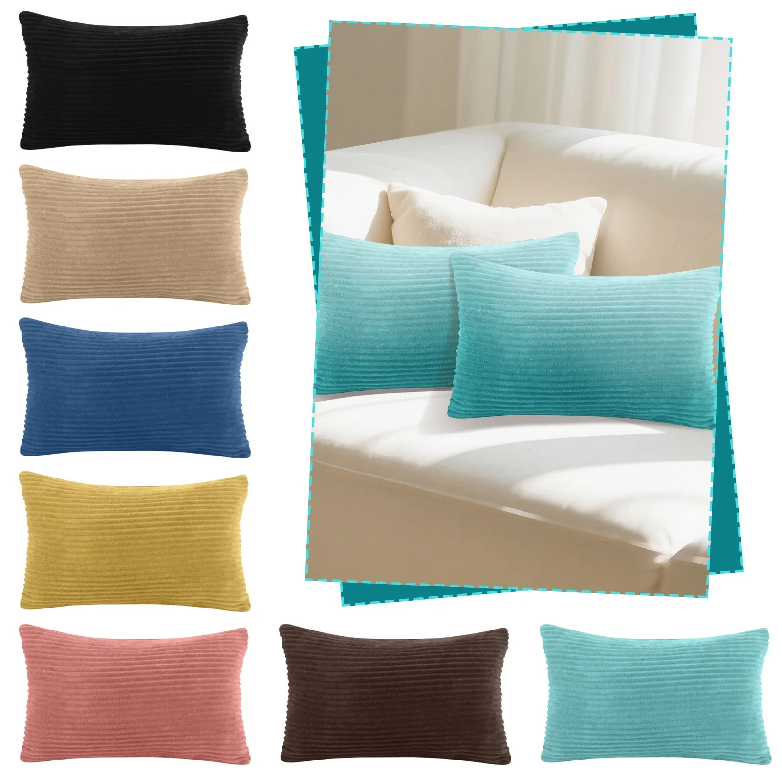 

1PC Home Textile Soft and Comfortable Corduroy Striped Type Rectangular Pillow Solid Color Sofa Decorative Cover