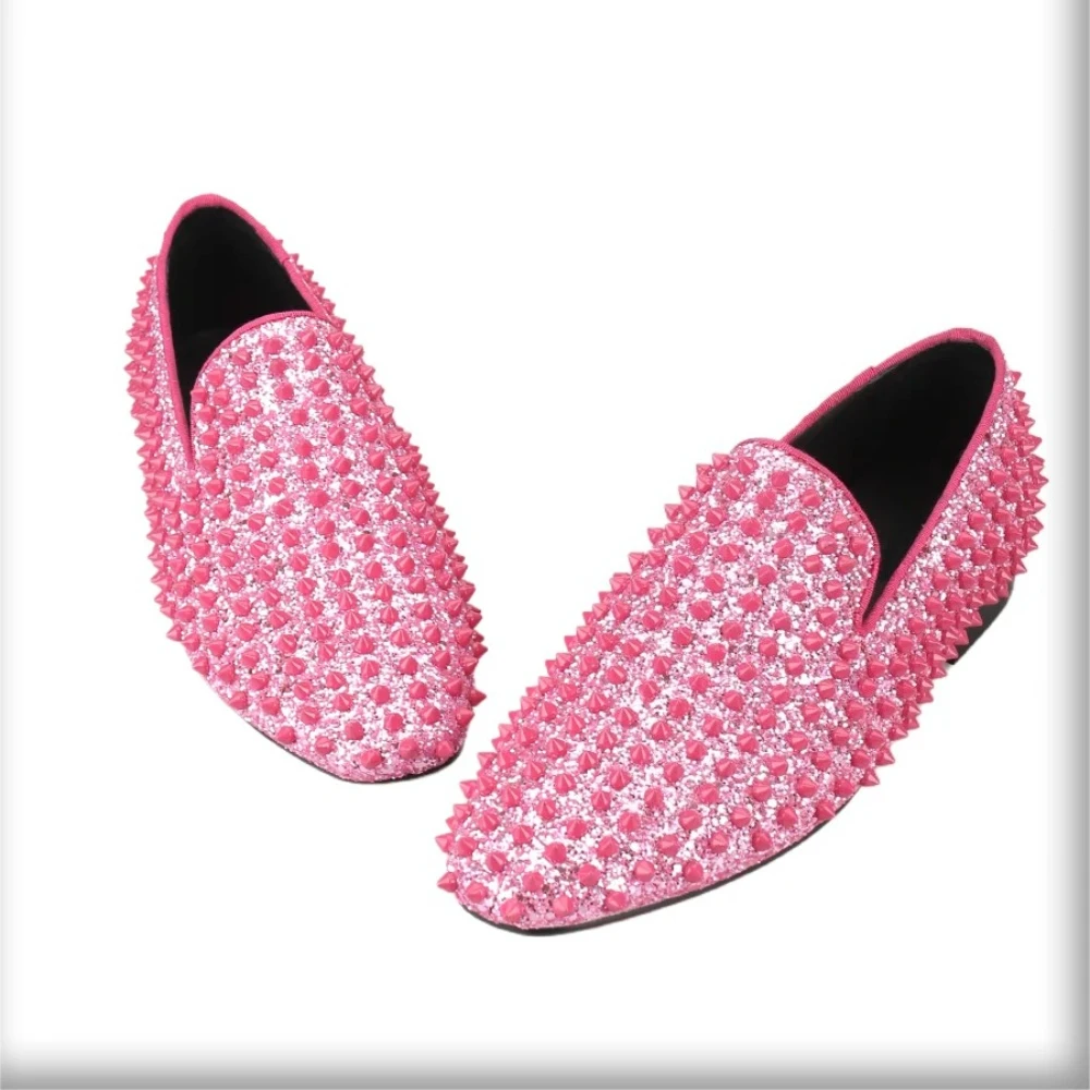 Piergitar New Model Pink Sequined Cloth With Handmade Matching Color Spikes Men's Loafers CL Brand Same Red Outsole Slip-On Flat