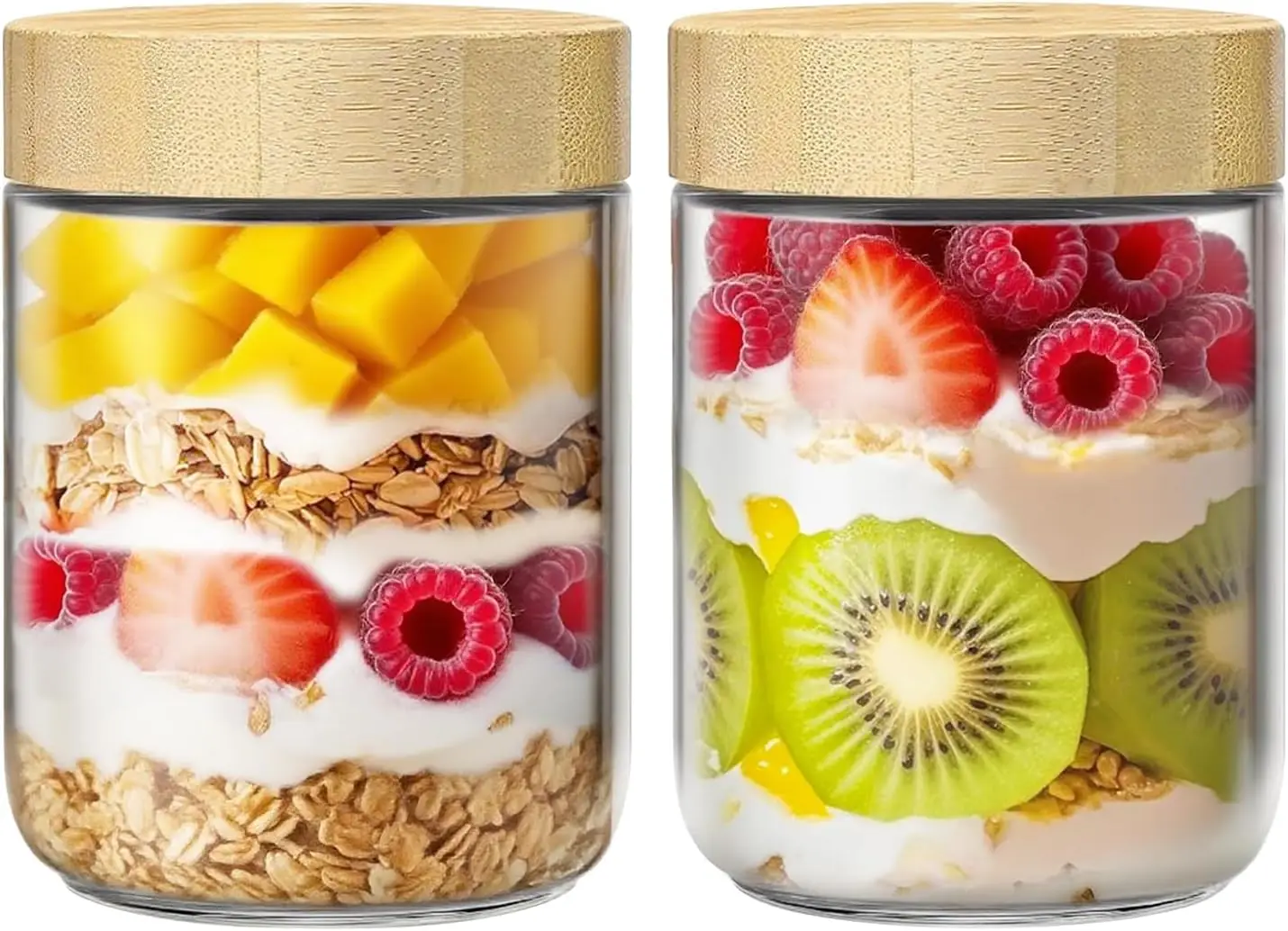 2 Pack 16oz Glass Jars with Bamboo Lids, Overnight Oats Containers with Airtight Lids, Storage Containers Wide Mouth Mason jars
