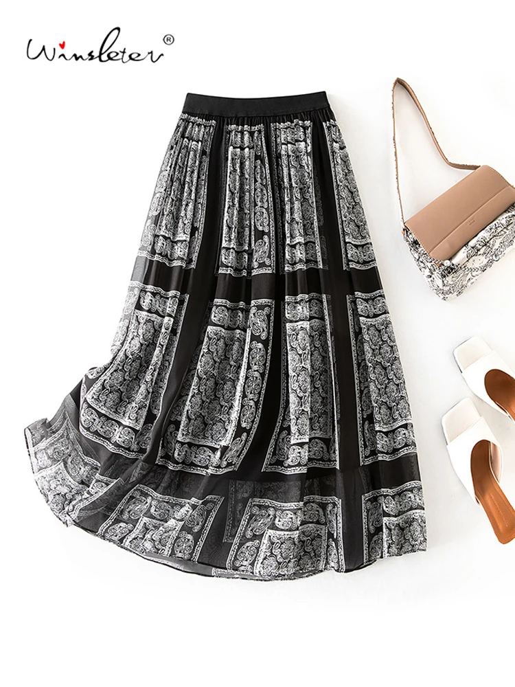 

Winsleter- 100%Real Silk Elegant Skirts, Elastic Waist Printed, Women French Retro Party A-line Skirt, 2025 Spring New B61937CC