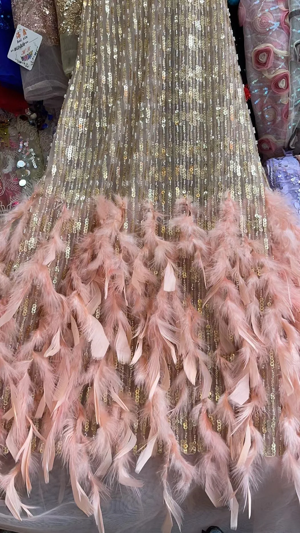 

Pink 3D Feather Lace Fabric With Tube Beads And Sequins 2021 High Quality French Net Lace African Lace Fabric For Party KHX21001