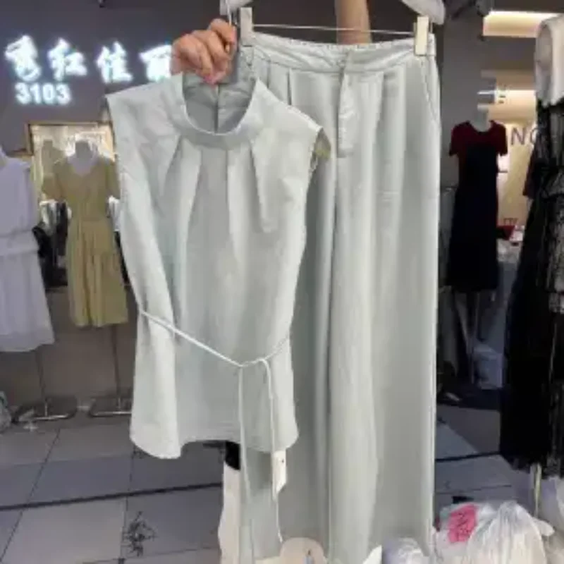 Women's Sleeveless Blouse & Wide-Leg Pants Two-Piece Set Stand Collar Tie Waist Solid Color Casual Linen Blend Outfit