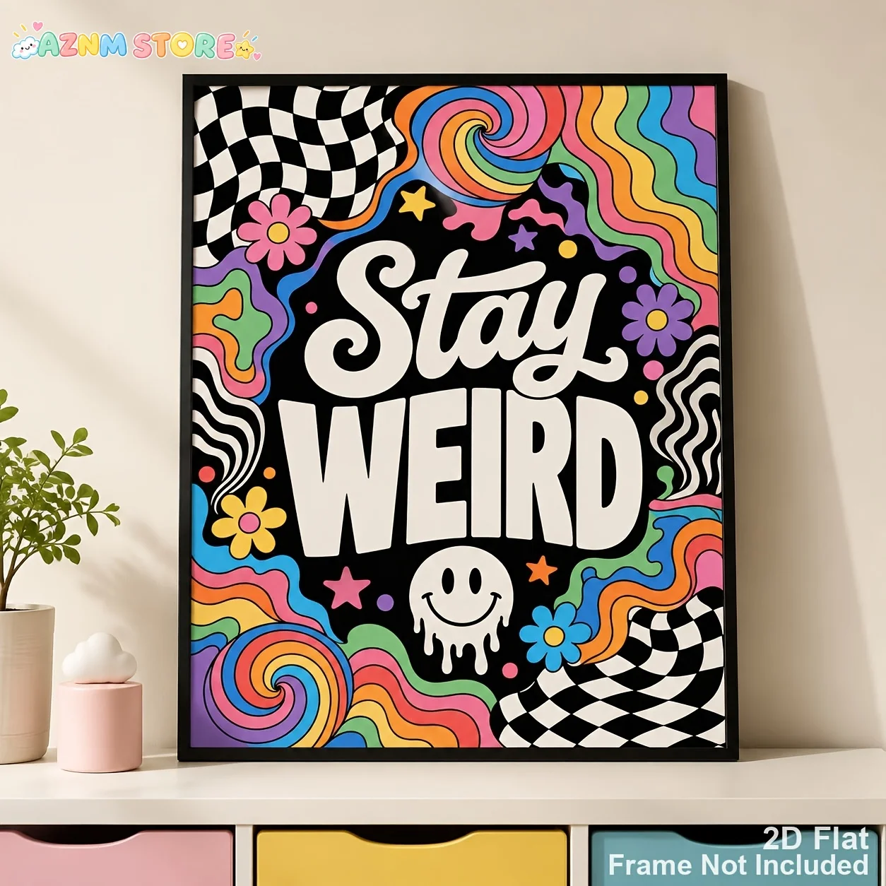 2027 1pc  Posters And Prints,  Unframed Canvas Print, Black Background Trippy Stay Weird Canvas Core, Rainbow Swirl Checkerbo