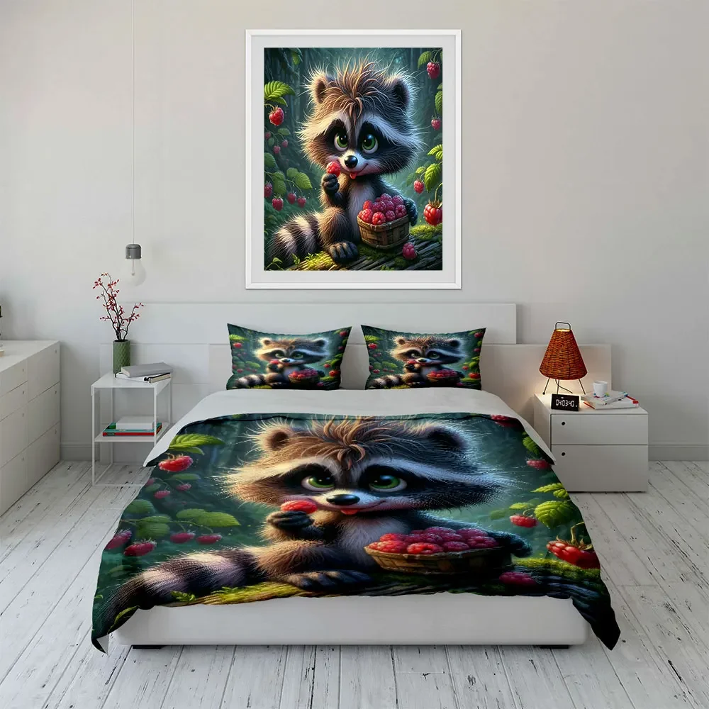 Cute Raccoon Berry Basket Decor Bedding Set with 1 Duvet Cover 2 Pillowcases Single Double King Queen, Gift