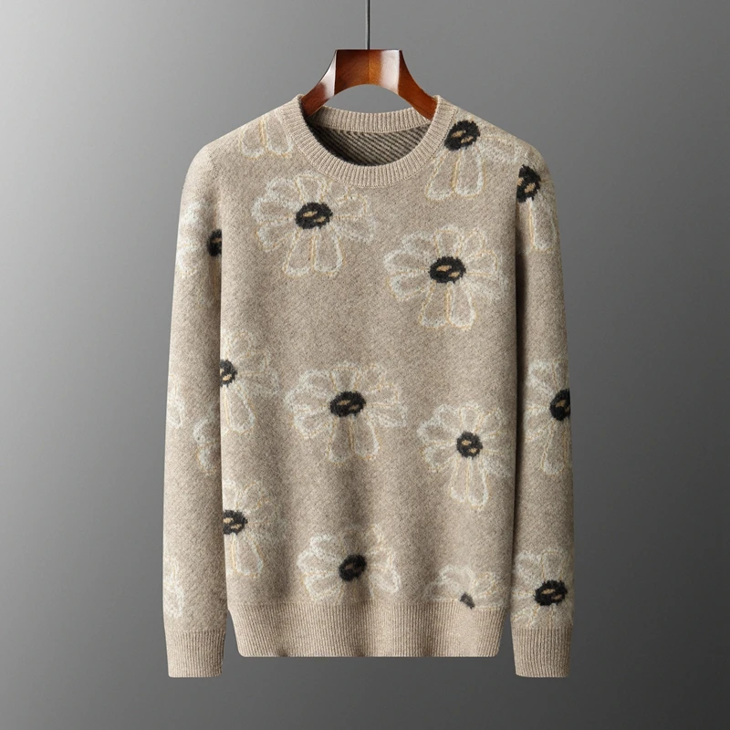 

Jacquard Thickened 100% Pure Cashmere Sweater Men's Round Neck Color Block Knitted Sweater Versatile Casual Base Shirt Sweater