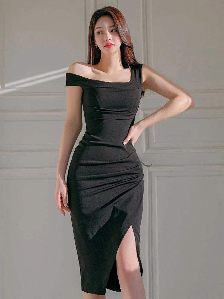 

Elegant Fashion Party Dresses Women Chic Black Off Shoulder Folds Backless High Split Midi Robe Female Party Prom Vestidos Mujer