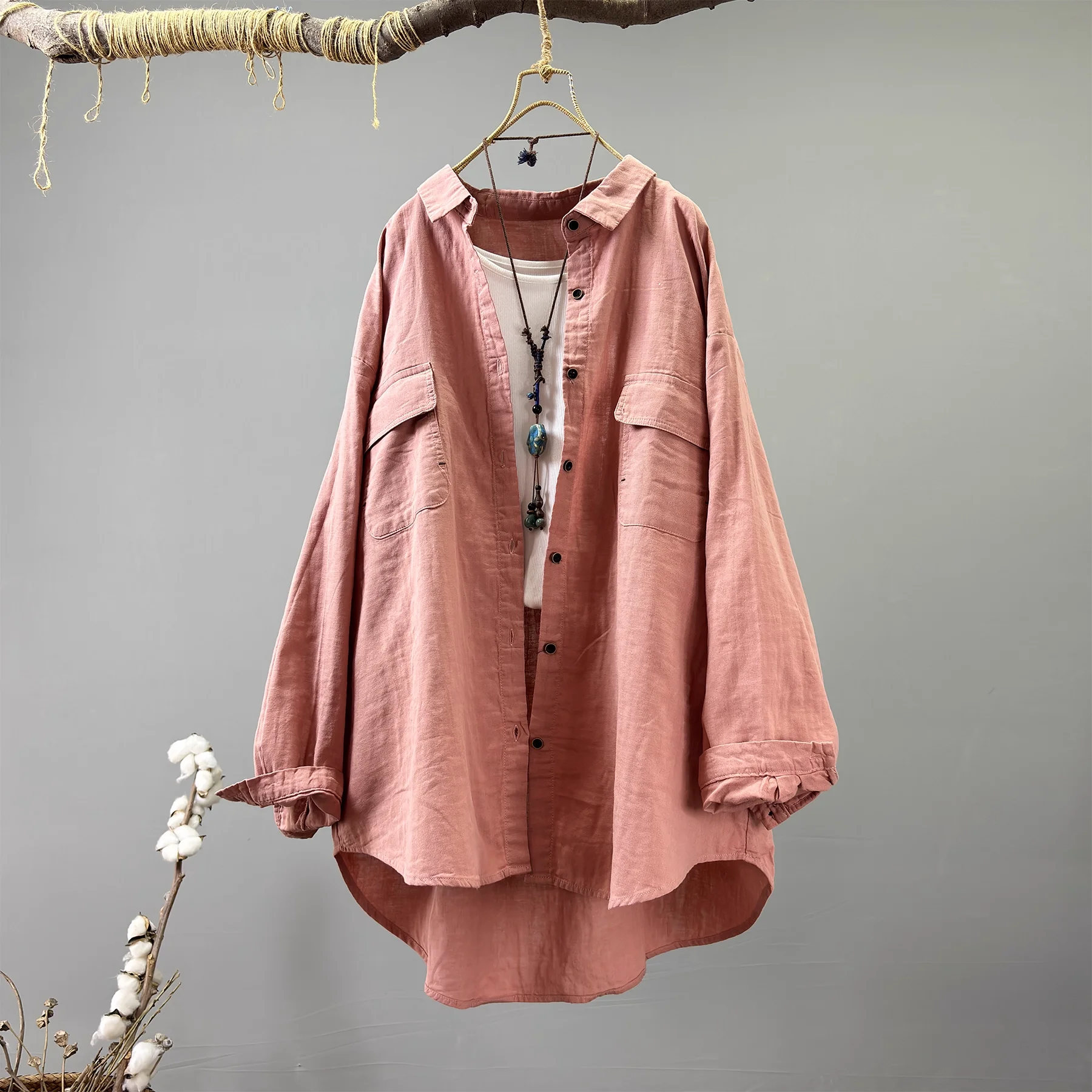 

Enianechu Bust 126cm Women Vintage Cotton Yarn Shirts Blouses Turn-down Collar Long Sleeve Plus Size Blouses Cardigan Outwear