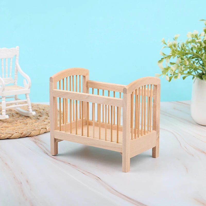 1PCS 1:12 Dollhouse Wooden Miniature Crib Model Furniture DIY Accessories Decor Children Room Doll House