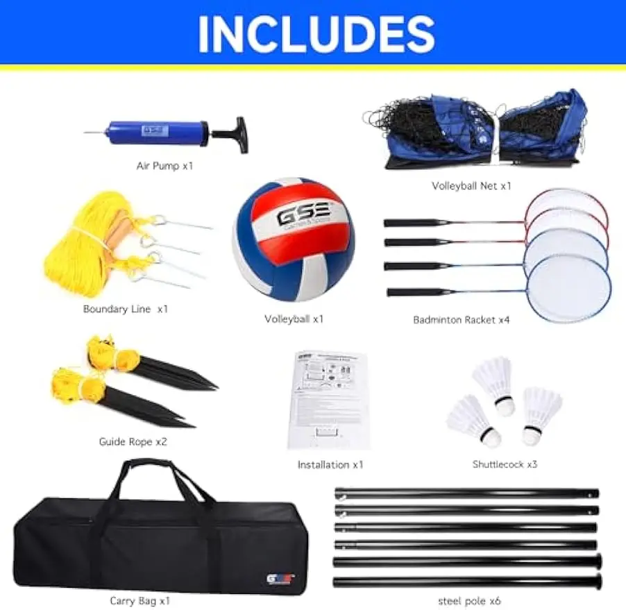 Outdoor Volleyball & Badminton Combo Set for Backyard, Park, Beach - Includes Net, Poles, Racquets