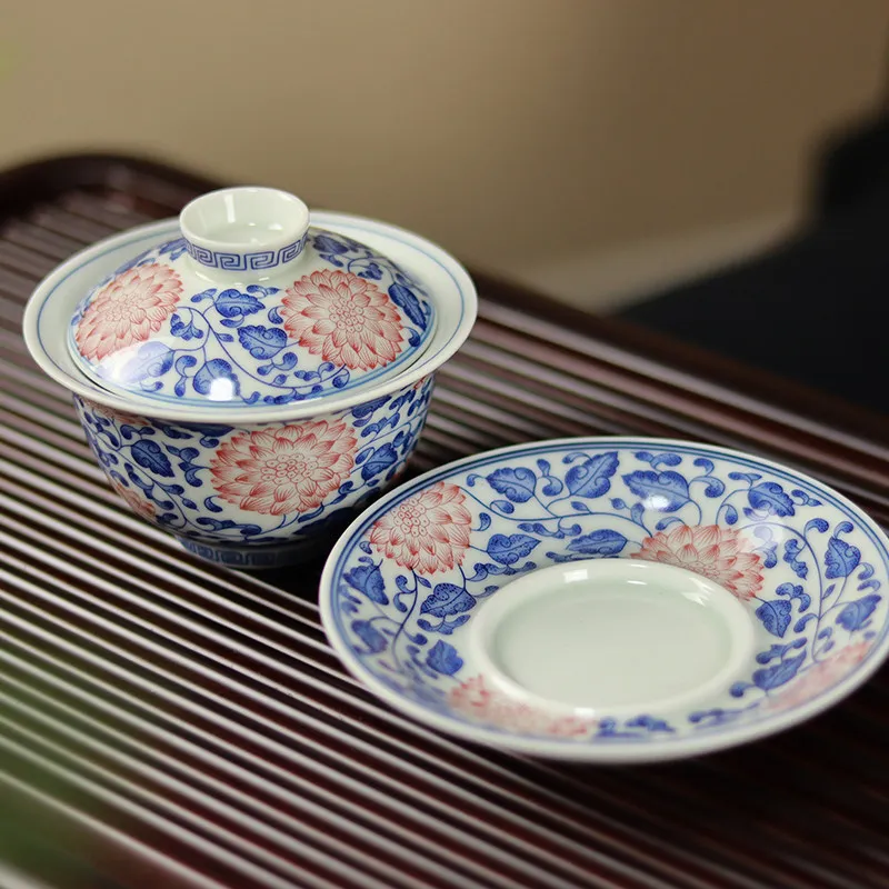 Jingdezhen Hover Tureen Interlock Branch Gaiwan Ceramic Household Fake Antique Blue and White Large Hand-Held Cup Suspension
