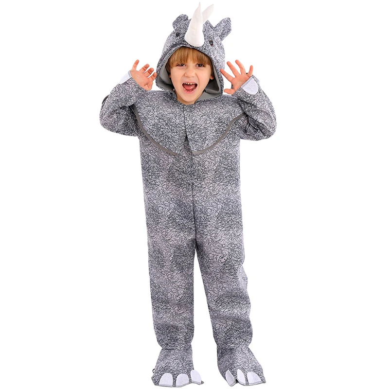 2025 New Arrival Boy Girl Rhino Jumpsuit With Hood Halloween Dress Up Kid's Rhinoceros Costume