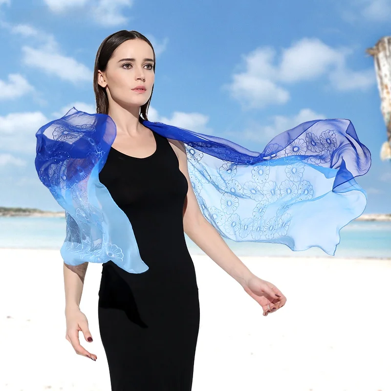 エレガントなロングシルクスカーフ女性の春秋グラデーションカラーマルベリーシルクショール重い刺繍ラインストーンエスニックスタイルスカーフ