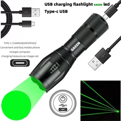 Flashlight Green Light,Green Flashlight Hunting USB Rechargeable Type-c， Outdoors Zoom Green Tactical Flashlight