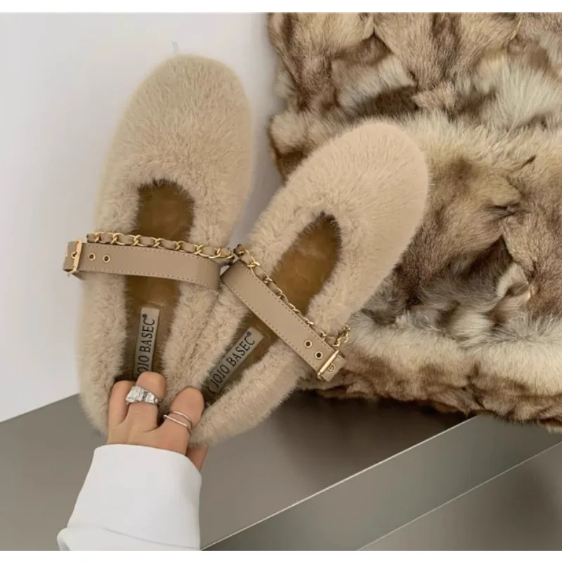 Designer Spring Autumn Women Warm Fur Shoes Fashion Shallow Slip On Ladies Flats Shoes Round Toe Women\'s Mary Jane Shoes