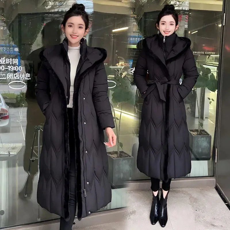 2025 Fashionable Cotton Jacket New Thickened Winter Long Coat with Waistband Hood Slimming Over-the-Knee Down Jacket Outerwear
