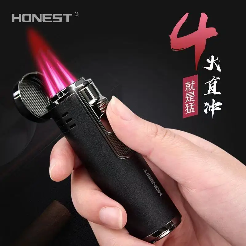2022 HONEST Four Nozzle Jet Red Flame Flashlight Lighter Windproof Butane Gas Point Cigar Small Spray Gun Cigar Drill Gadget