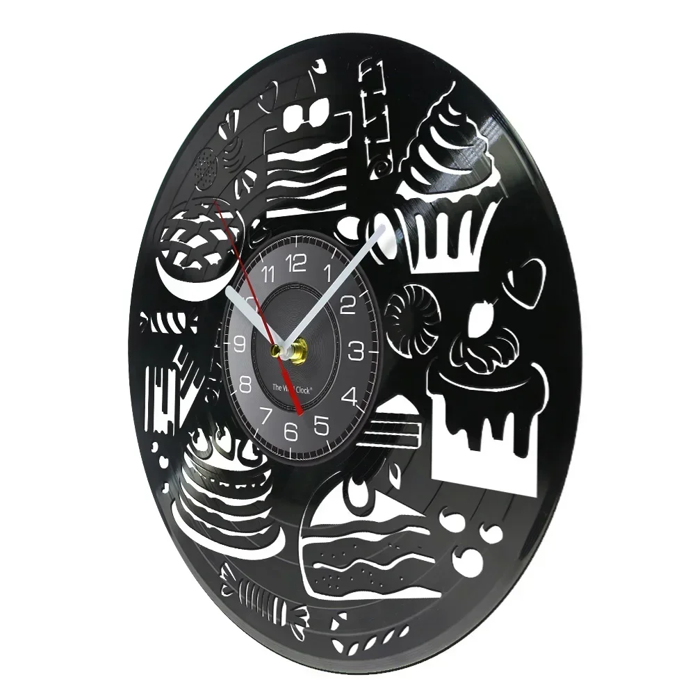 Bread Sweets Cupcake Wall Art Clock Bakery Sign Wall Decor Pastry Vinyl Record Wall Clock Confectionery Kitchen Decorative Watch