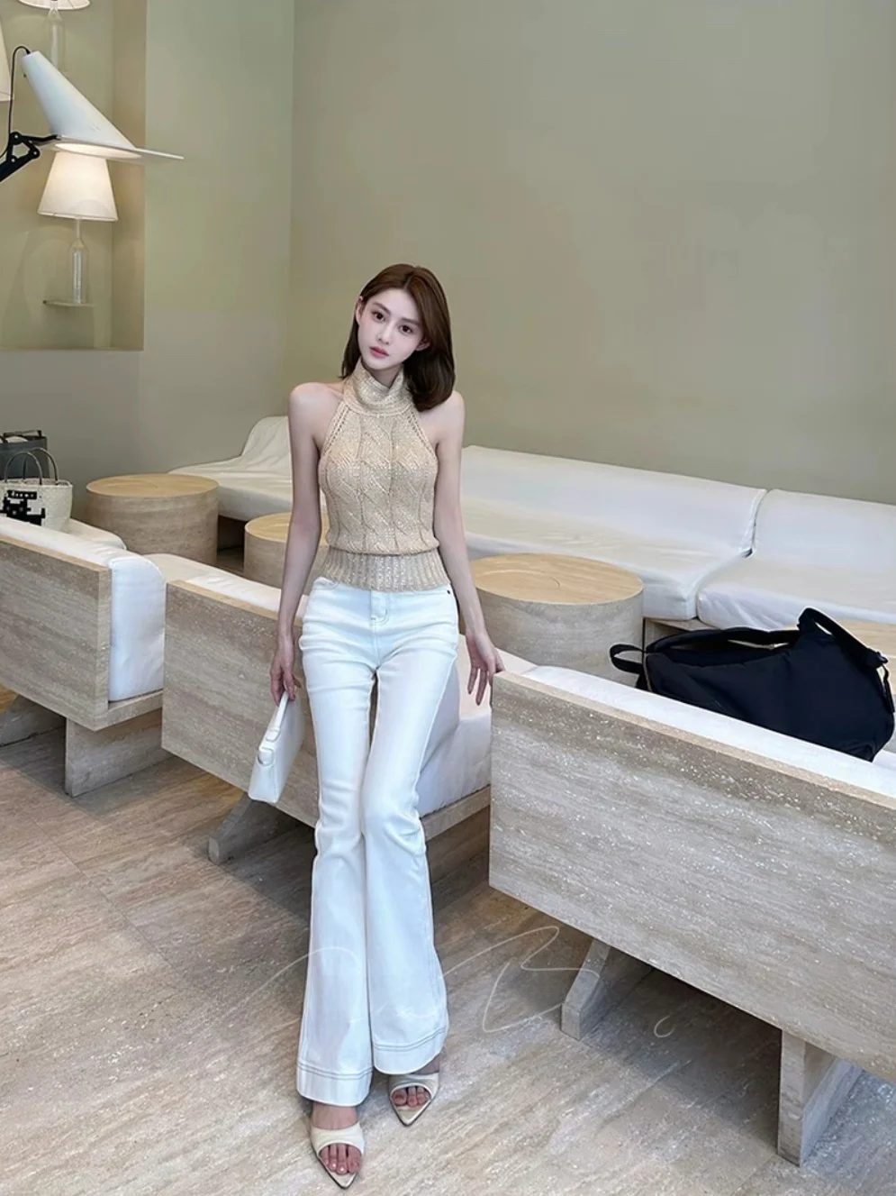 

High Waist Slimming Bell Bot Jeans Women's Hot Girl White Cow Color Design Sensation Distred Cotton Stretch Denim Jeans