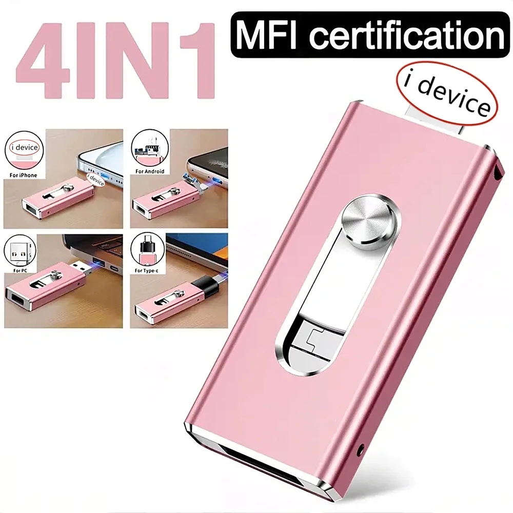Clé USB 3.0 pour iPhone 512G 4-en-1, mémoire externe, stockage photo, lecteur de photos/vidéos/données pour iPad/Android/PC/Type C