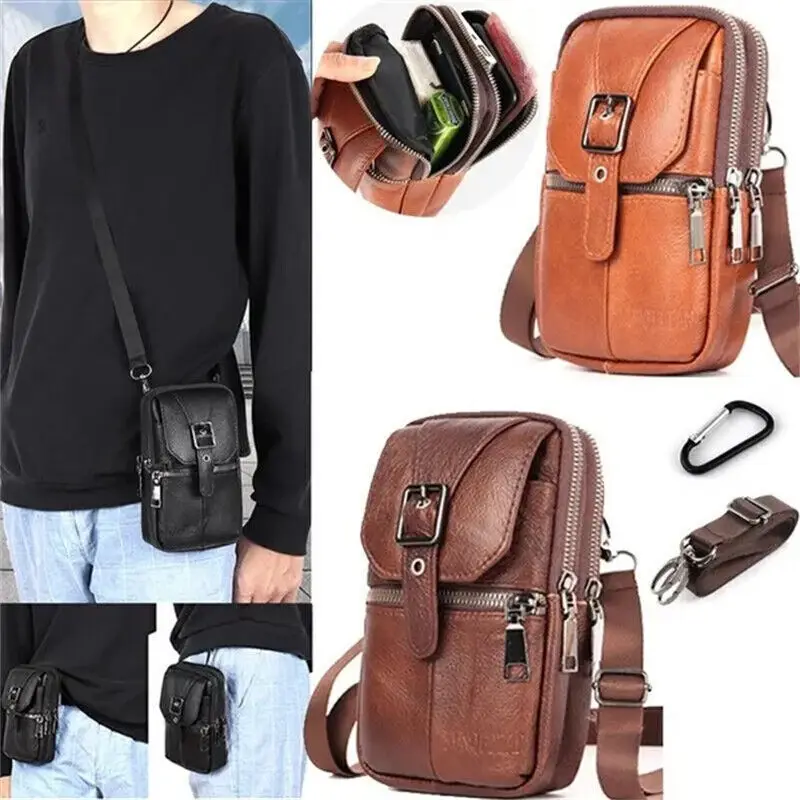 Men\'s Genuine Leather Waist Pack Waterproof Outdoor Sport Phone Pouch Purse Belt Hanging Bag Shoulder Crossbody Bag Fanny Pack