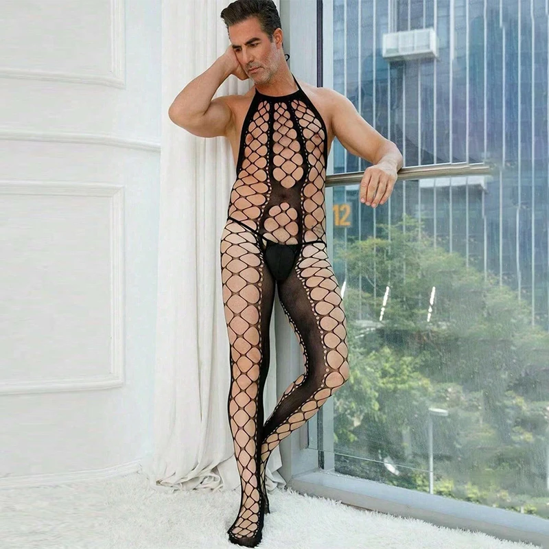 Men\'s Sexy Lingerie Fishnet Stockings Adult Male Underwear Exotic Lingerie Man Transparent Mesh Crotch Tights