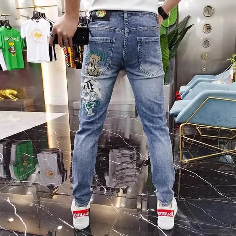 Jeans jeans estilo coreano masculino, calças estampa urso, calças de luxo Kpop roupas de grife de luxo, moda, primavera, outono, novas