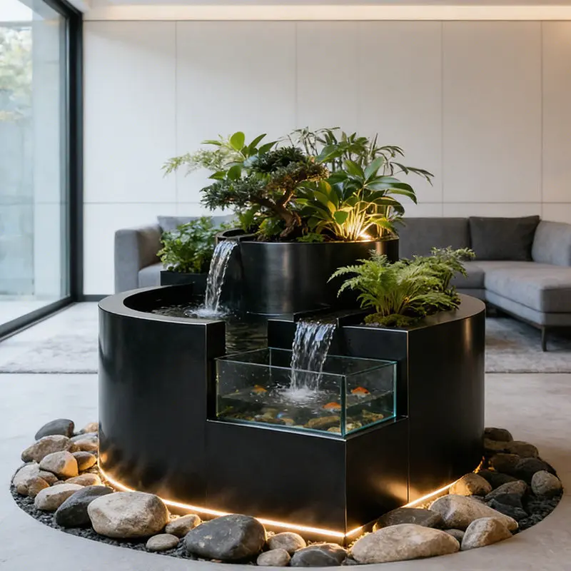 BJ-2 Balcony Stainless Steel Fish Pool Flower Box Metal Water Flow Ornament Outdoor Terrace Courtyard Water View Waterfall