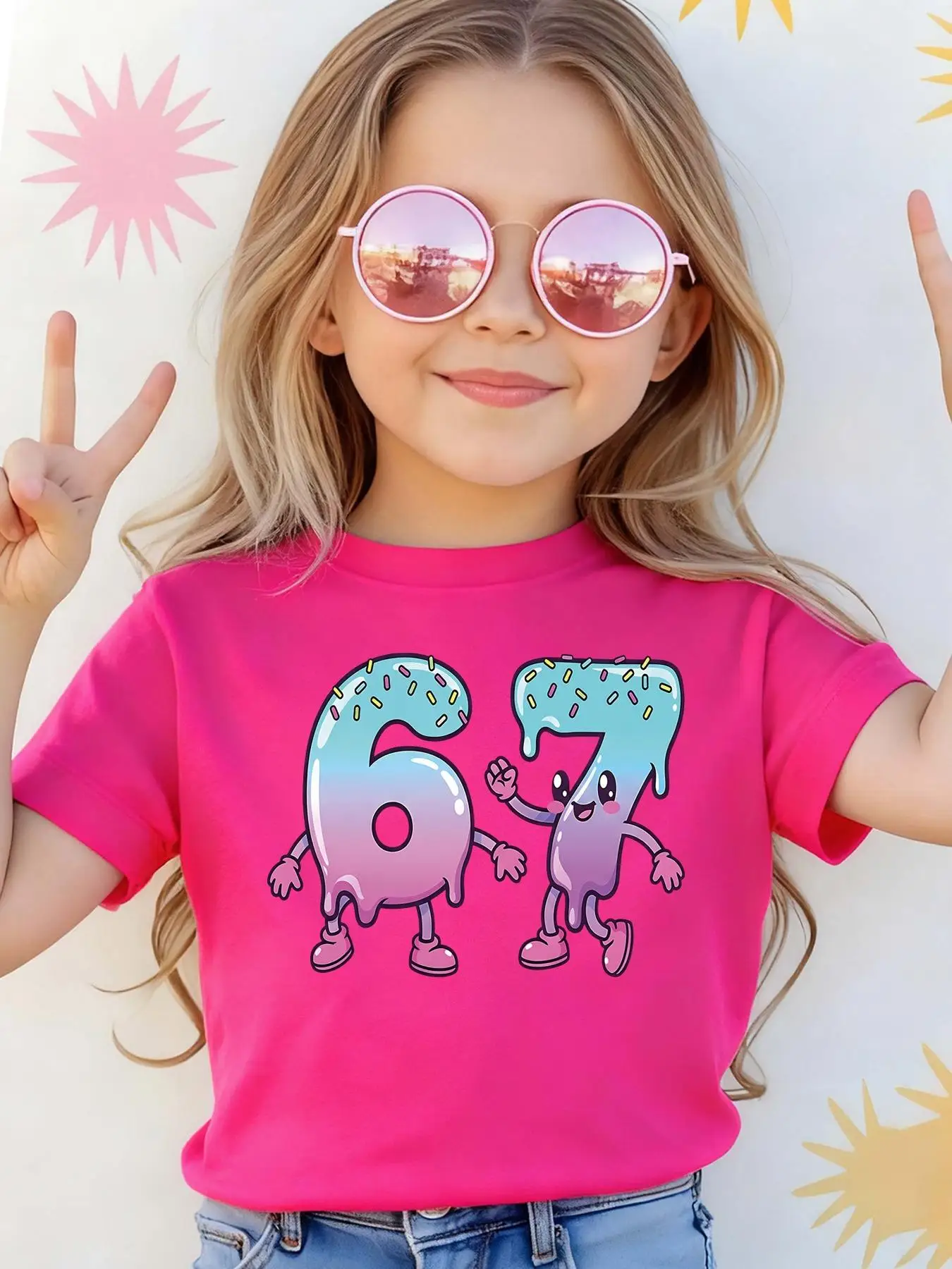 Camiseta Casual de Manga Curta com Estampa de Retrato Pequeno 67 para Meninas, Adequada para Crianças de 4 a 12 Anos, Camiseta Estampada Divertida, Nova Camiseta de Manga Curta Versátil para Uso em Casa e ao Ar Livre