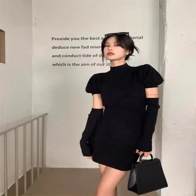 Kawaii Girl Fashion Tops Sexy Midi Skirt 2025 New French Knit Sweater Dress Women Autumn Winter Pure Desire Bodycon Short Skirt