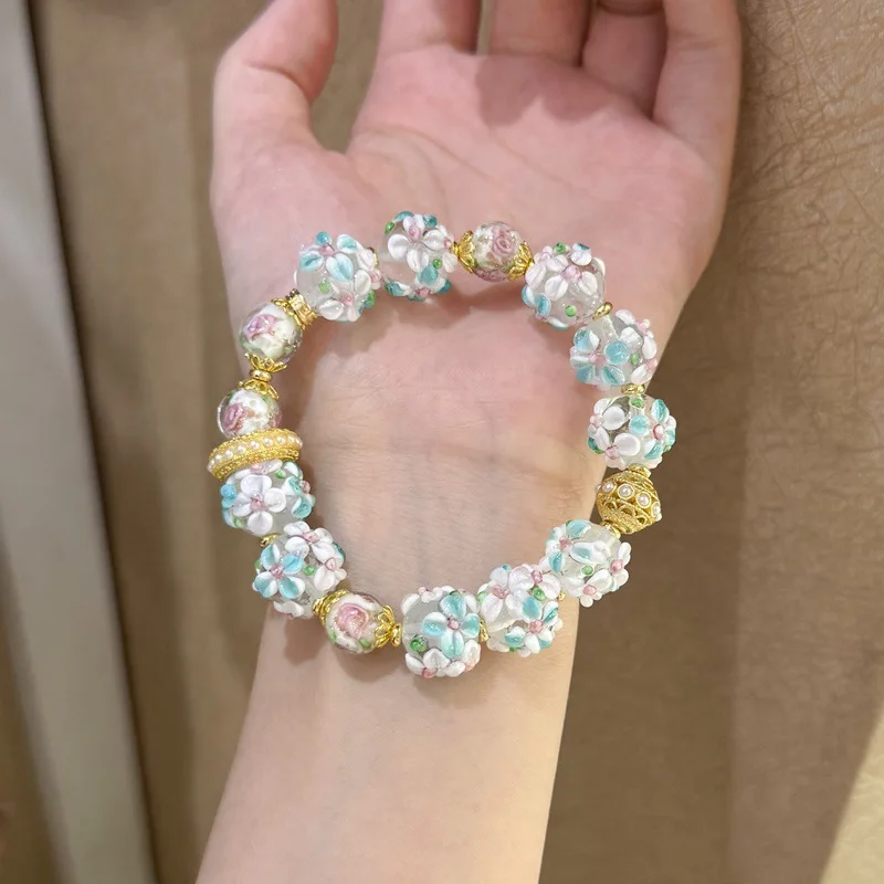 Chinese Style Lucky Handmade Murano Glass Floral Beaded Bracelet Elegant Niche Blessing Jewelry For Women Daily Wear Party Gift