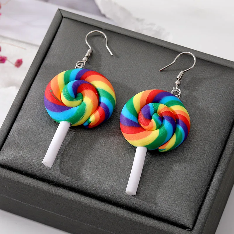 Candy Earrings for Women Girls Cartoon Resin Rainbow Lollipop Drop Earrings Children Jewelry Gift