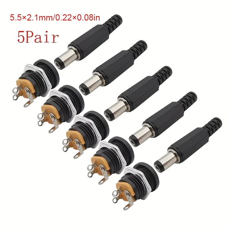 10Pcs (5Pair) 12V 3A 5.5x2.1mm DC Power Male Plugs Connector DC Power Socket Female Jack Screw Nut Panel Mount Adapter