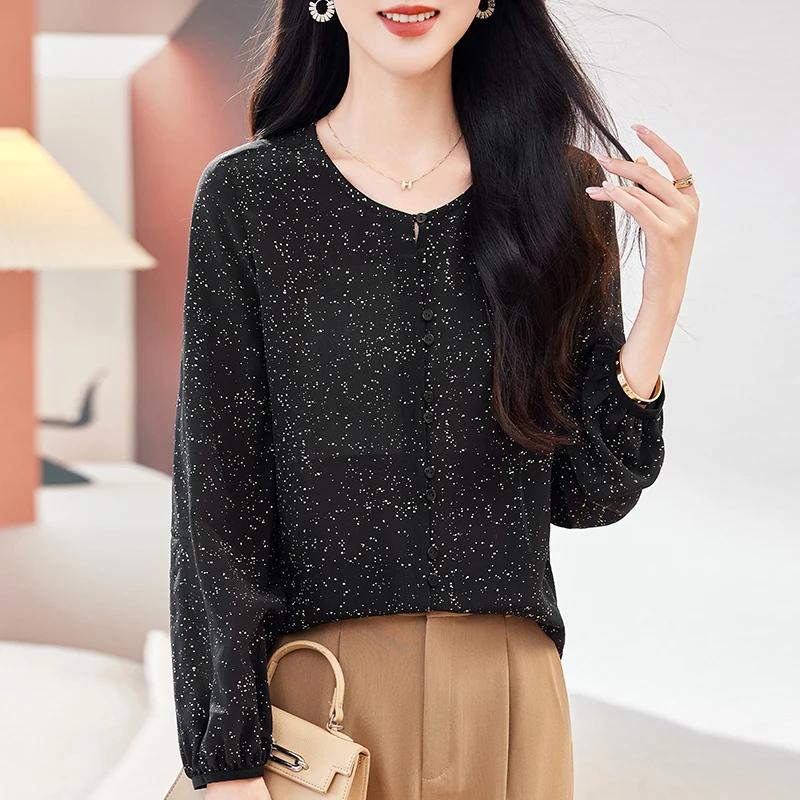 

Spring Autumn Elegant Shirts Fashion Blouses for Women 100% Real Silk Women's Shirt Long Sleeve Loose Tops Woman Print Blouse
