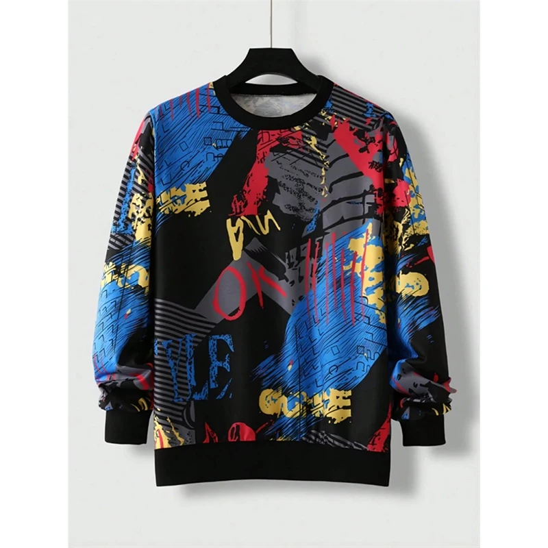 Letter Graffiti Graphic 3D Print Men's Sweatshirt Autumn Street Personality Round Neck Pullover Loose Harajuku Y2k Style Clothes