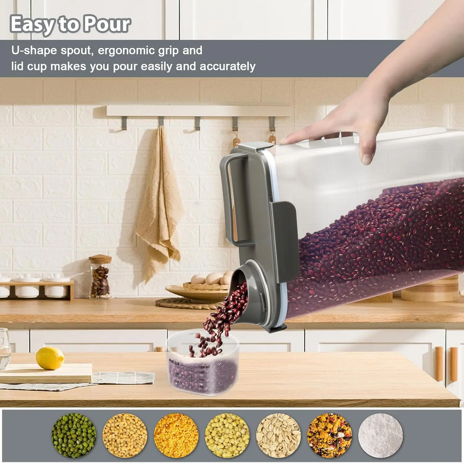 حاوية أرز محكمة الغلق 10 رطل، تخزين طعام خالٍ من مادة BPA مع فوهة صب للدقيق والمعكرونة والحبوب وأغذية الحيوانات الأليفة