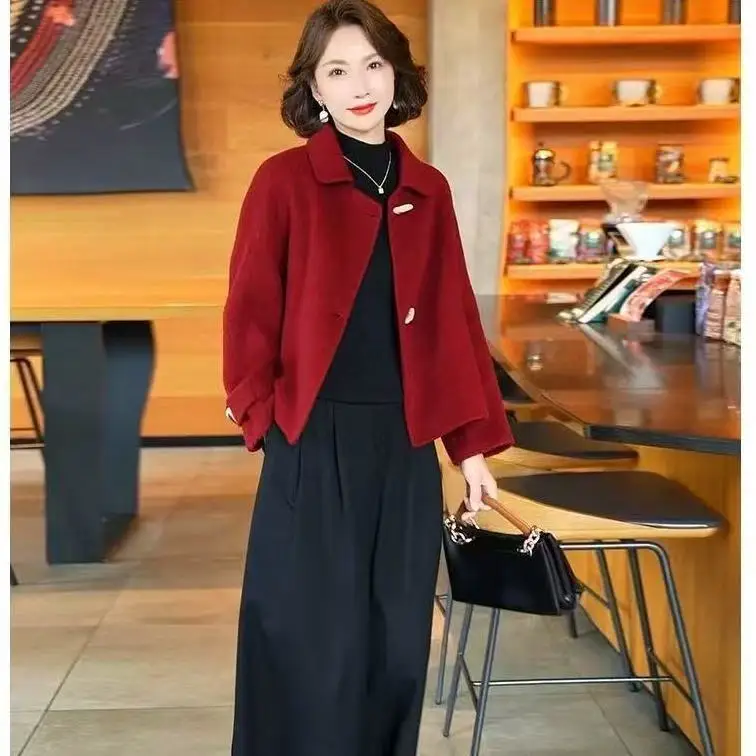 2026 New Fashionable Small Autumn/Winter Bull Horn Woolen Korean Edition Double sided Coat Wool Short Coat Woolen Woolen Women F