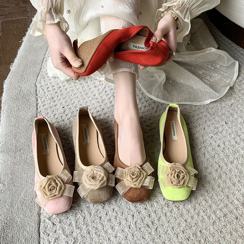 

New Women's Natural Suede Leather Square Toe Slip-on Ballet Flats Flower Decoration Casual Female Soft Comfort Ballerinas Shoes