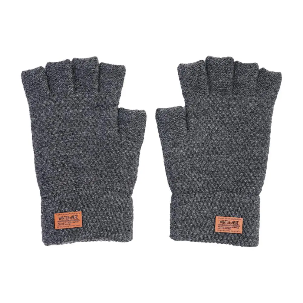 Guantes gruesos sin dedos para hombre, guantes de lana de Alpaca de punto, guantes de conducción de medio dedo, mitones de invierno con etiqueta de