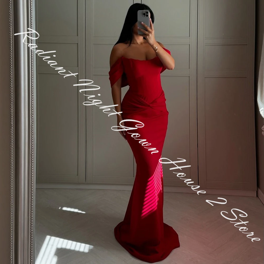 Customized Jersey Mermaid Off the Shoulder Evening Dress Scoop Floor Length Lace Up Back Sleeveless Sweep Train Red Luxury