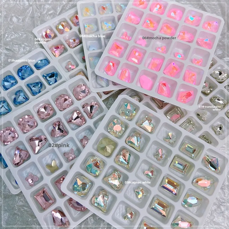25Pcs Pointed Back Nail Rhinestones Box Packed White Pink Heart Fat Square Butterfly Rhinestones Manicure DIY Decor Accessories