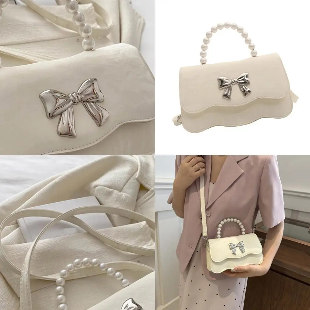 

Ladies Pearls Top Handle Purse Handbag Wedding Evening Crossbody PU Bowknot Bag