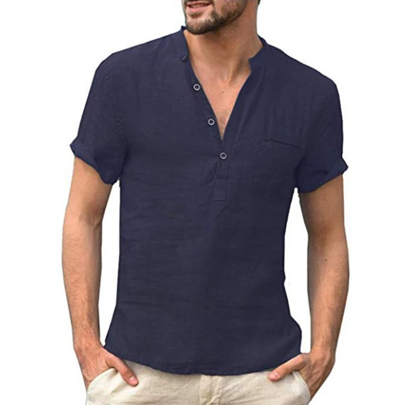 Summer Fashion Cotton Linen Casual T-Shirts Casual Male Short Sleeve V-Collar Breathable Men\'s Tee Button-up T S-5XL