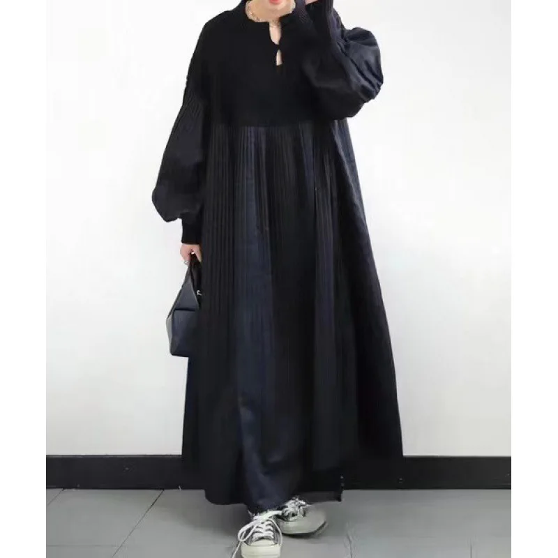 

Women's solid color autumn new pleated rhombus sweater splicing long women's dress
