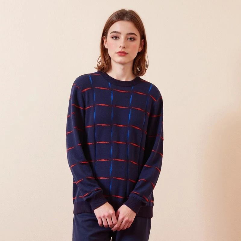 

Новинка! Модный женский вязаный свитер H-Home с круглым вырезом, в клетку, для весны и осени, повседневный, облегающий.