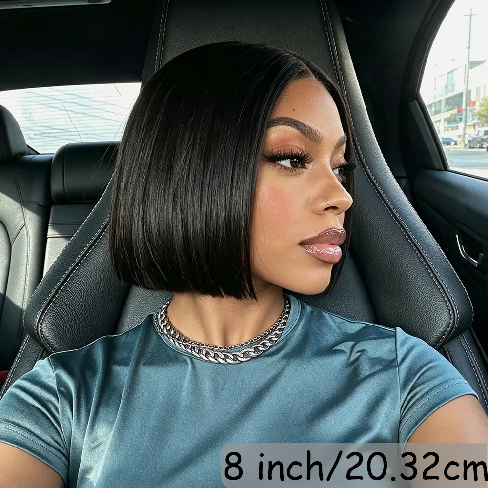 Natural Black 100% Human Hair Short Straight Bob Wig Middle Part Blunt Cut 4x1 Lace Front Wigs Pre Plucked Hairline for Women