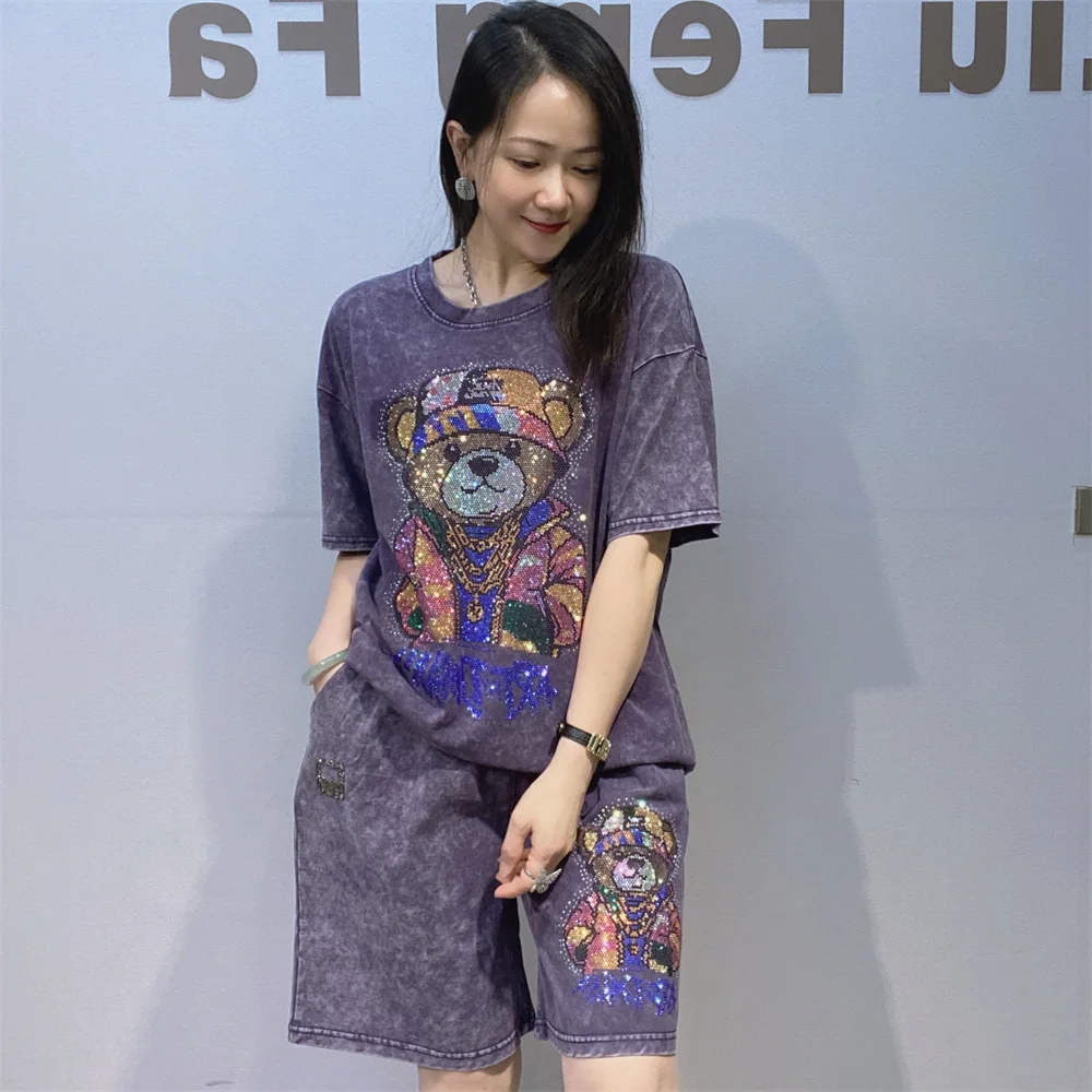 Cartoon Bear Tie-dye Short Sleeve 2 Piece Sets Woman Outfits Casual Oversized Short Pants 2026 Summer Bust 110cm Tracksuit Y2k view 4