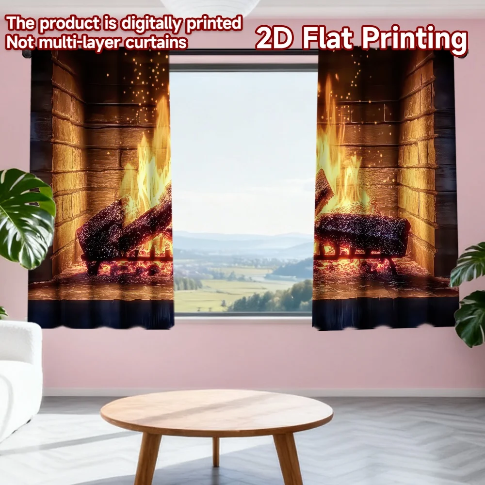 

2D flat printing 2pcs Window Curtains Cozy Fireplace Flames(1) Digital Printed Polyester Drapes Festive Wall Decor Perfect for