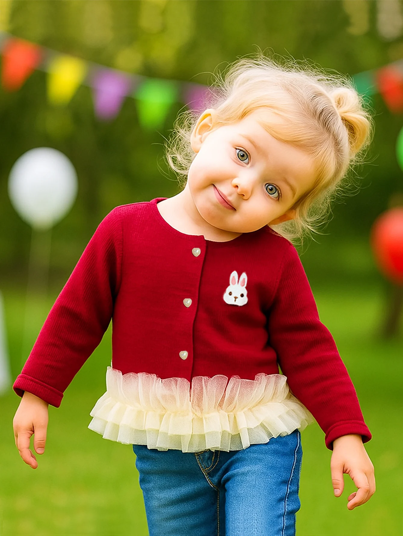 Red Embroidered Bunny Girl's Spring Autumn Jacket, Sweet Chiffon Lace Patchwork, Fashionable Japanese and Korean Children's Coat