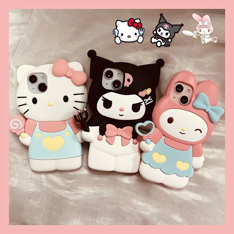 Kawaii 3D Kuromi hello kitty mymelody Cute Phone Cases For iPhone 14 13 12 11 15 Pro Max XR XS MAX X Silicone Back Cover